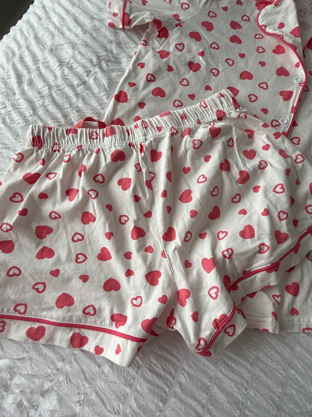 Women’s White and Pink Heart Short Pajama Set - Button-Up Top & Shorts - Picture 6 of 8